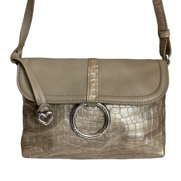 Brighton shiny embossed leather taupe messenger crossbody shoulder bag - Picture 1 of 13